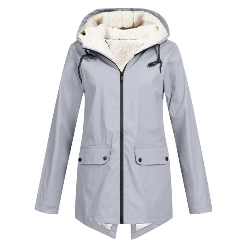 Womens Hooded Rain Jacket with Drawstring Hood and Optional Sherpa Lining