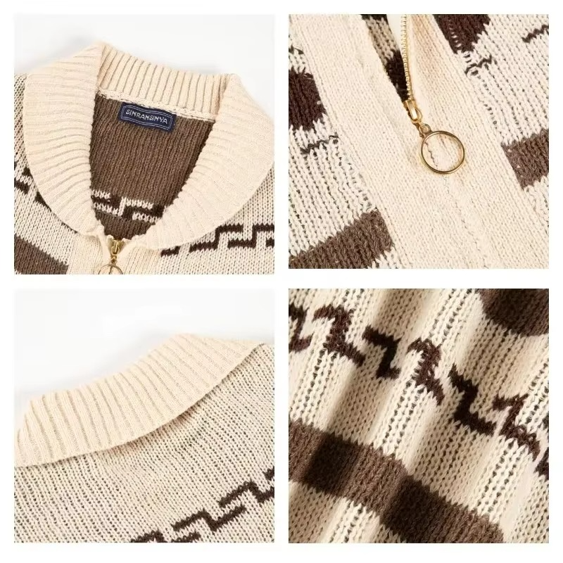Jacquard Knit Cardigan with Shawl Collar and Full Length Zipper