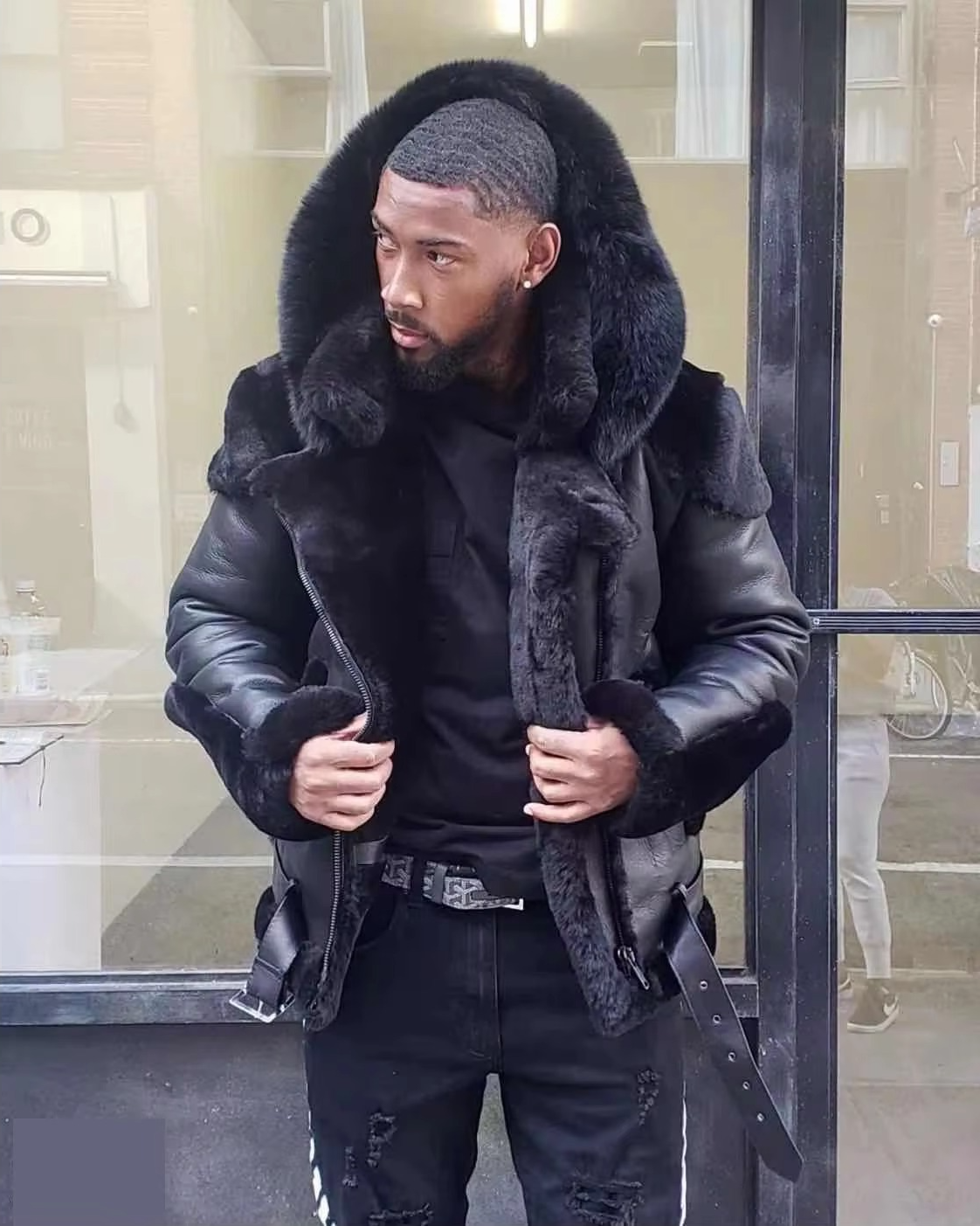 Mens Winter Coat with Wool Lining and Textured Collar, Wind Resistant