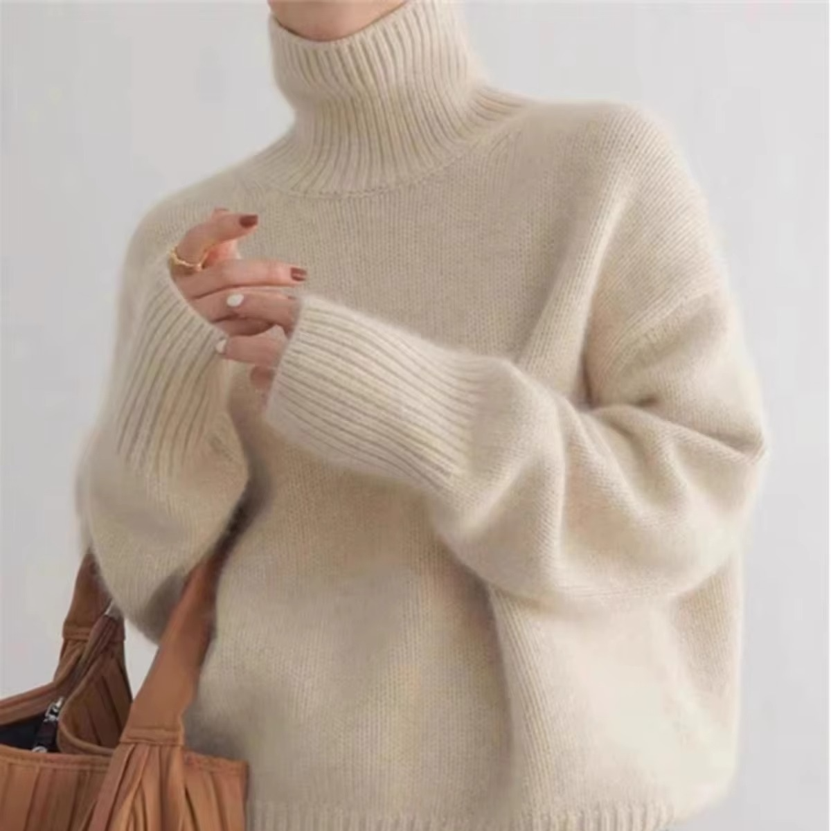 High Neck Knit Pullover Sweater with Thick Insulation and Relaxed Fit