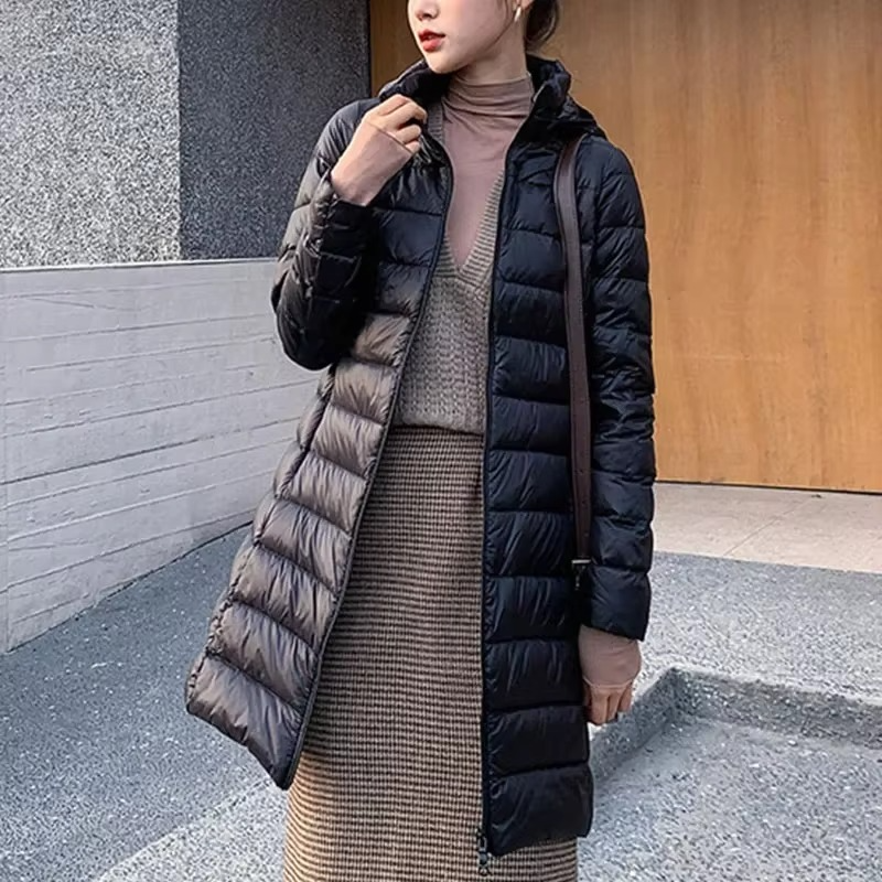 Womens Long Down Parka with Detachable Hood and Slim Fit