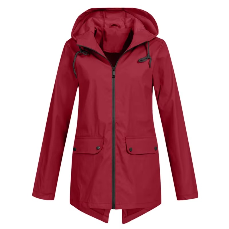 Womens Hooded Rain Jacket with Drawstring Hood and Optional Sherpa Lining