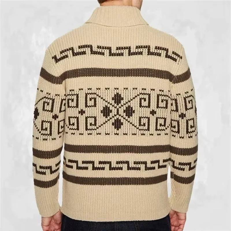 Jacquard Knit Cardigan with Shawl Collar and Full Length Zipper