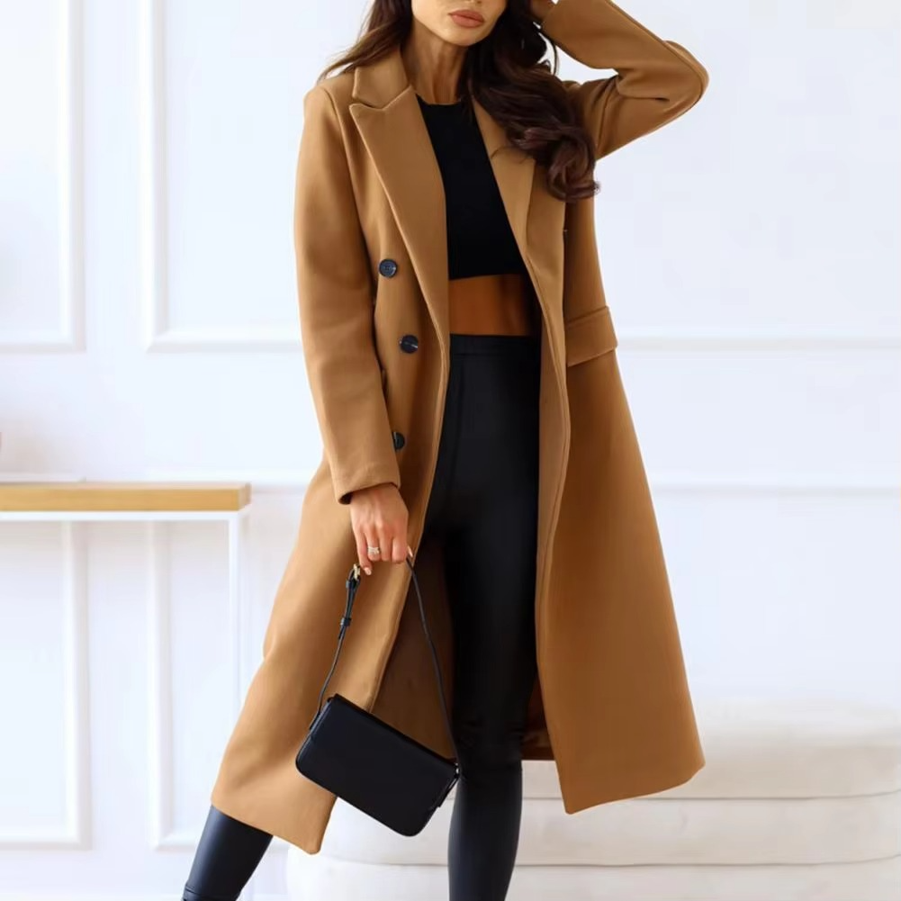 Double Breasted Mid Length Coat with Structured Lapel and Wrinkle Resistant Polyester Blend