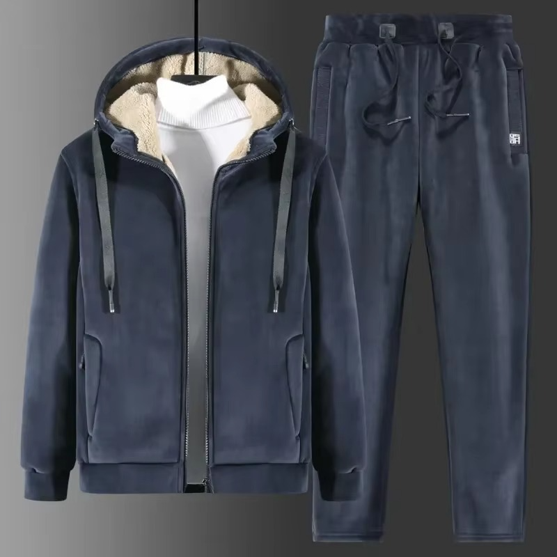 Fleece Tracksuit Set with Hooded Jacket and Elastic Waistband Pants for Winter