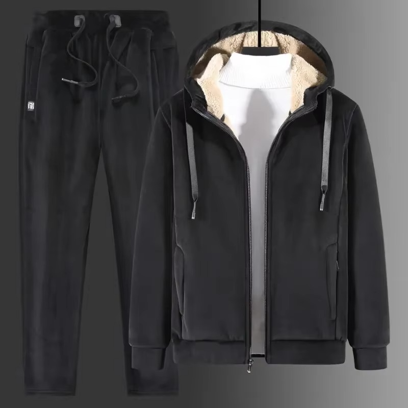 Fleece Tracksuit Set with Hooded Jacket and Elastic Waistband Pants for Winter