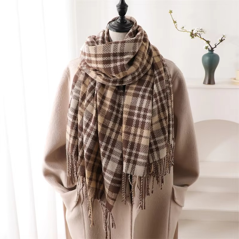 Plaid Winter Scarf with Tassel Fringe and Thick Woven Blend, 78in x 27in