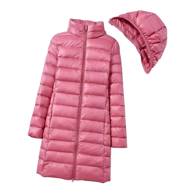 Womens Long Down Parka with Detachable Hood and Slim Fit