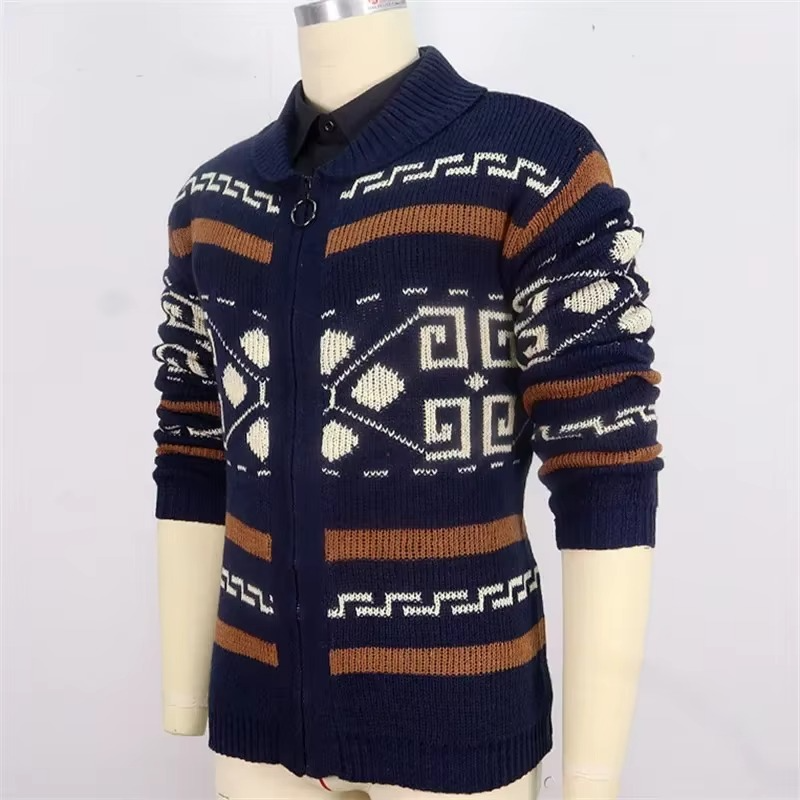Jacquard Knit Cardigan with Shawl Collar and Full Length Zipper