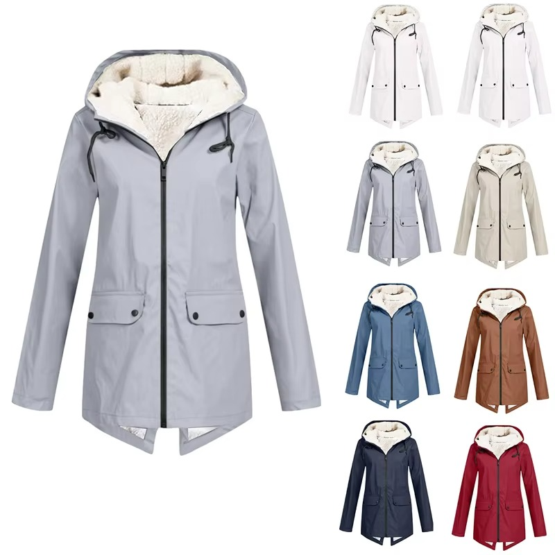 Womens Hooded Rain Jacket with Drawstring Hood and Optional Sherpa Lining