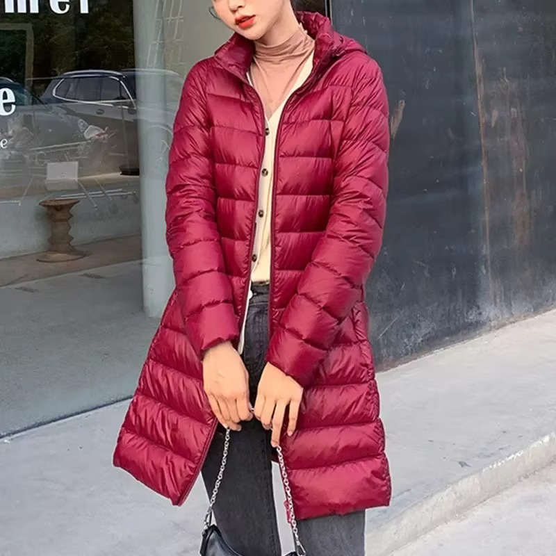 Womens Long Down Parka with Detachable Hood and Slim Fit