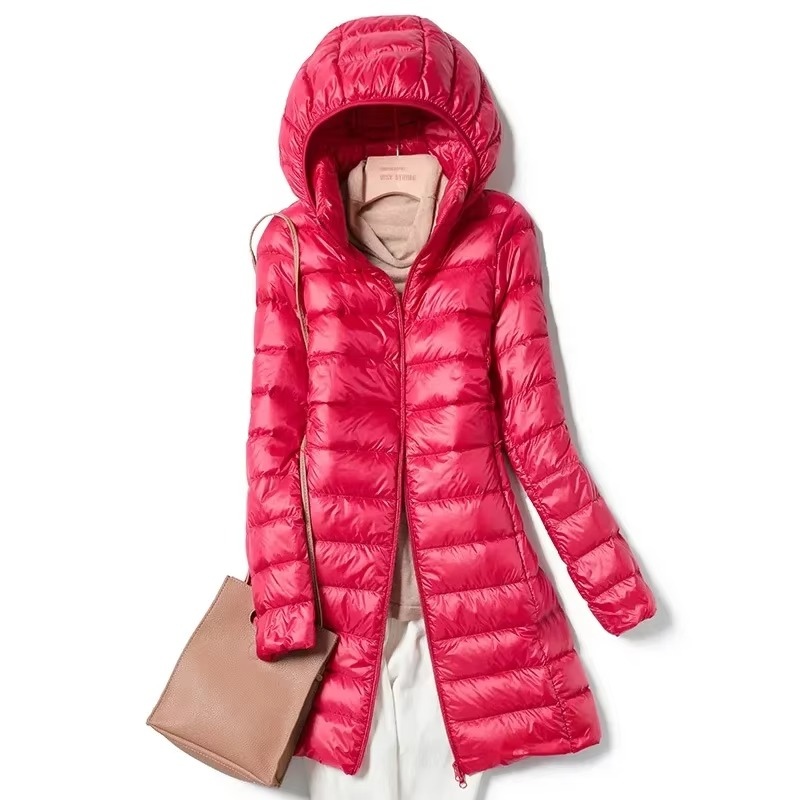 Womens Long Down Parka with Detachable Hood and Slim Fit