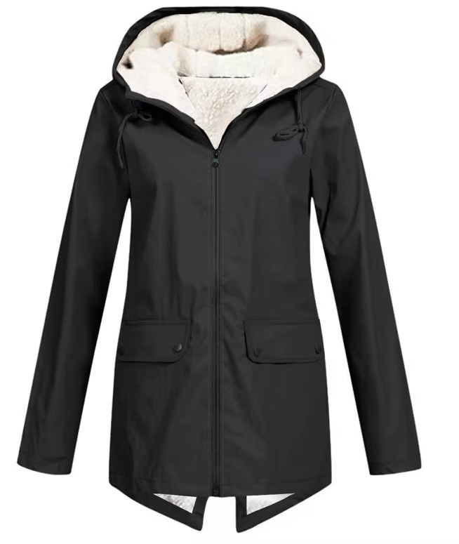 Womens Hooded Rain Jacket with Drawstring Hood and Optional Sherpa Lining
