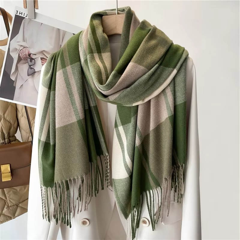 Plaid Winter Scarf with Tassel Fringe and Thick Woven Blend, 78in x 27in