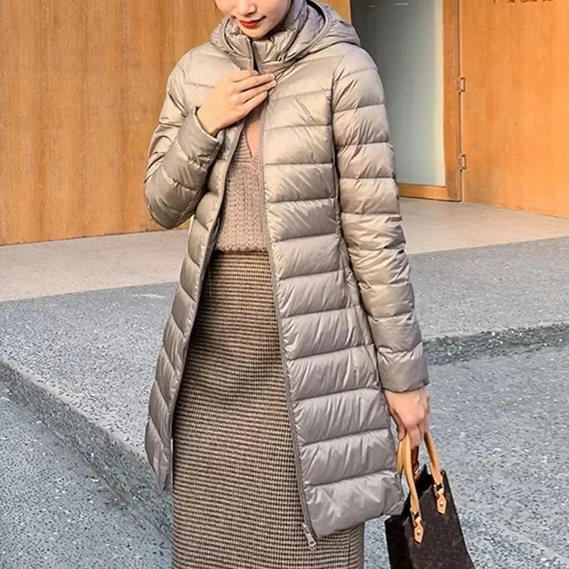 Womens Long Down Parka with Detachable Hood and Slim Fit