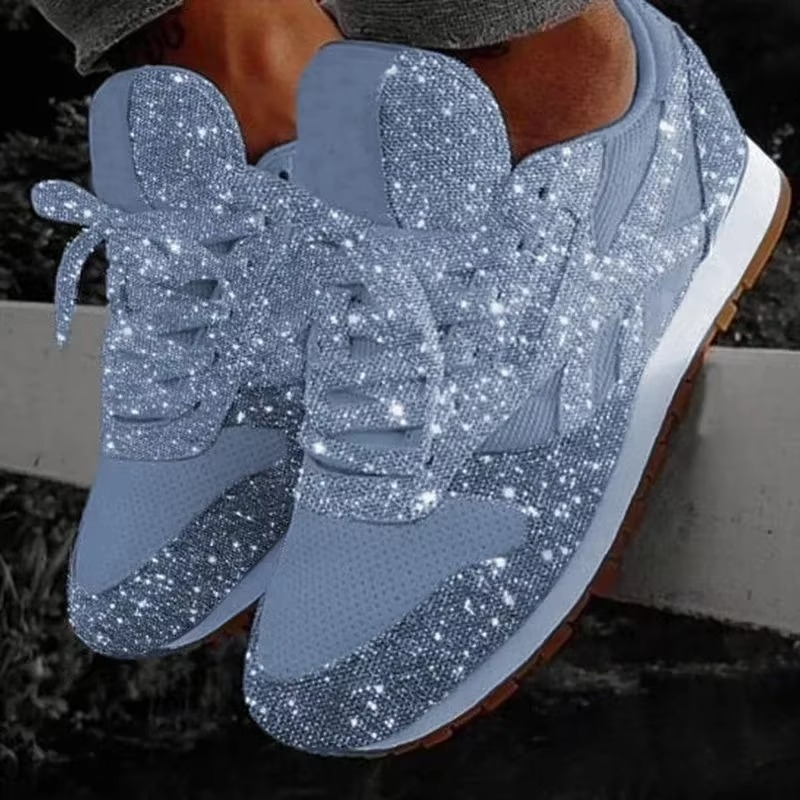 Womens Glitter Sneakers with Mesh Upper and Lace-Up Closure