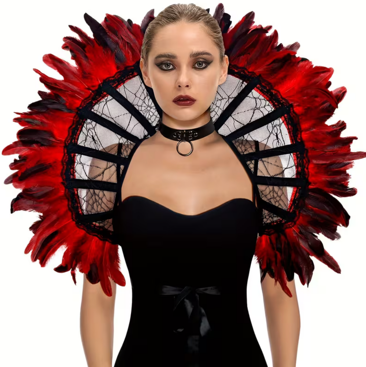 Gothic Lace Shoulder Cape with Bone and Feather Trim