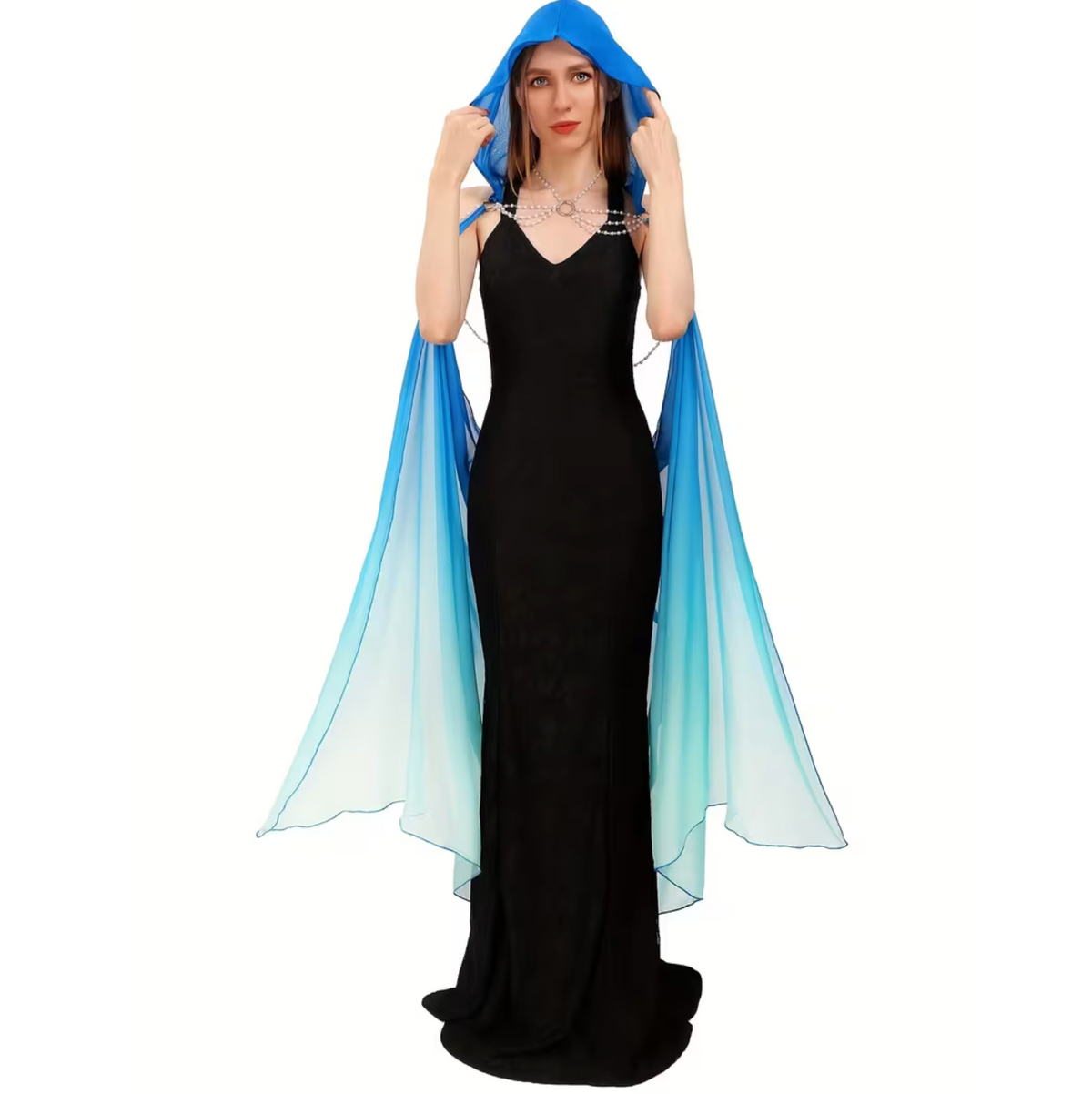 Full Length Tulle Cloak with Adjustable Hood and Off Shoulder Capelet for Women