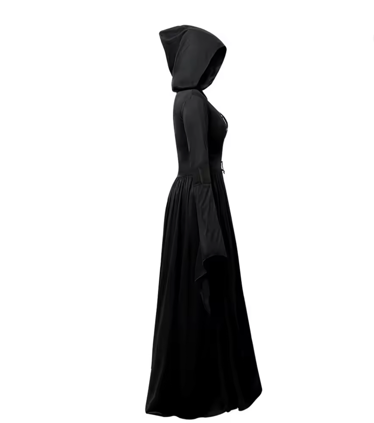 Black Witch Dress with Bell Sleeves and Fitted Waist