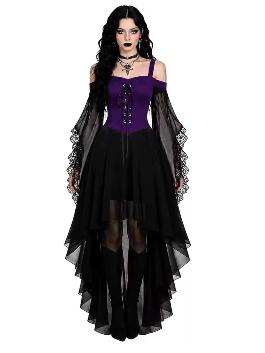 Medieval Gothic Witch Costume Dress with Flowing Butterfly Sleeves and Mesh Fabric