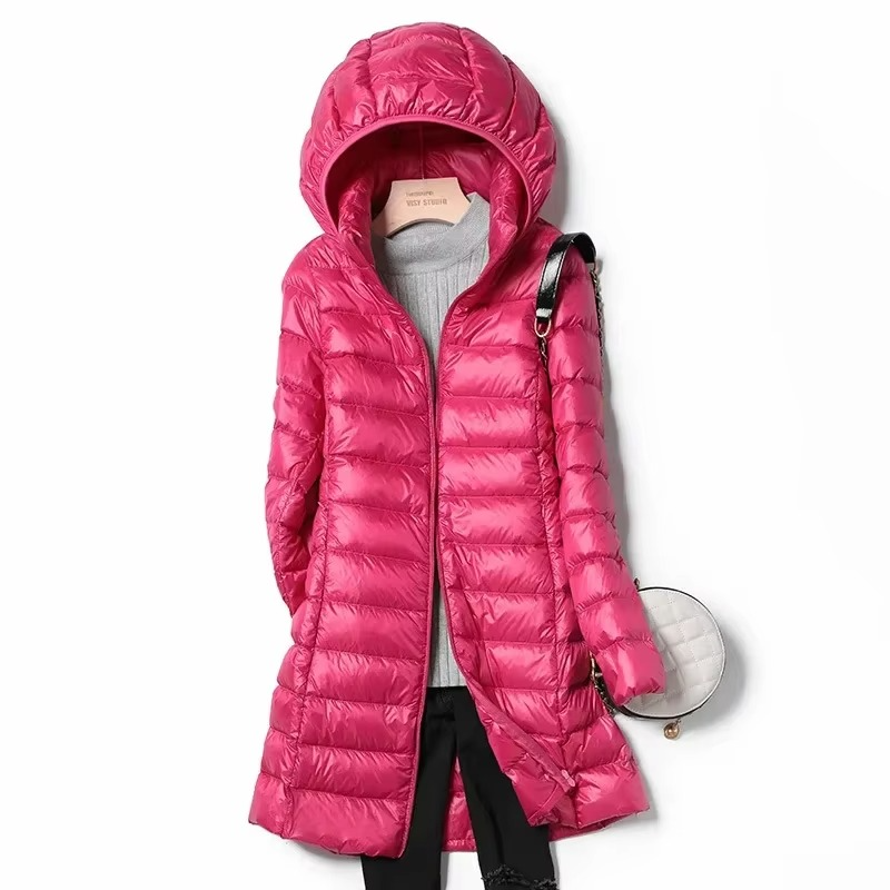 Womens Long Down Parka with Detachable Hood and Slim Fit