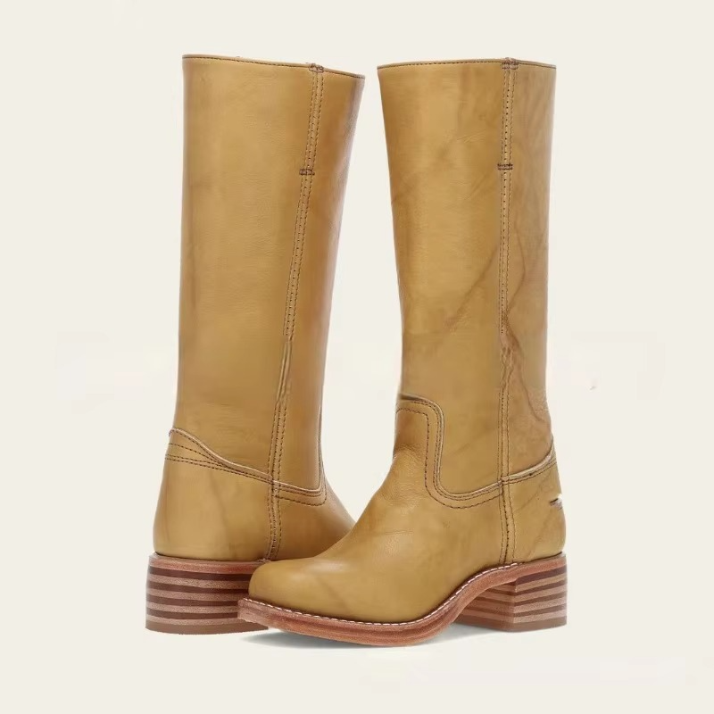 Womens Wide Calf Knee High Boots with Round Toe and Square Heel, Pull On Closure