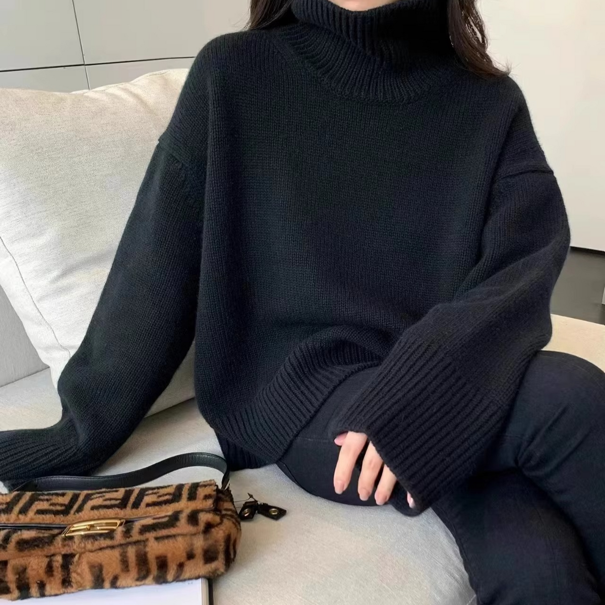 High Neck Knit Pullover Sweater with Thick Insulation and Relaxed Fit