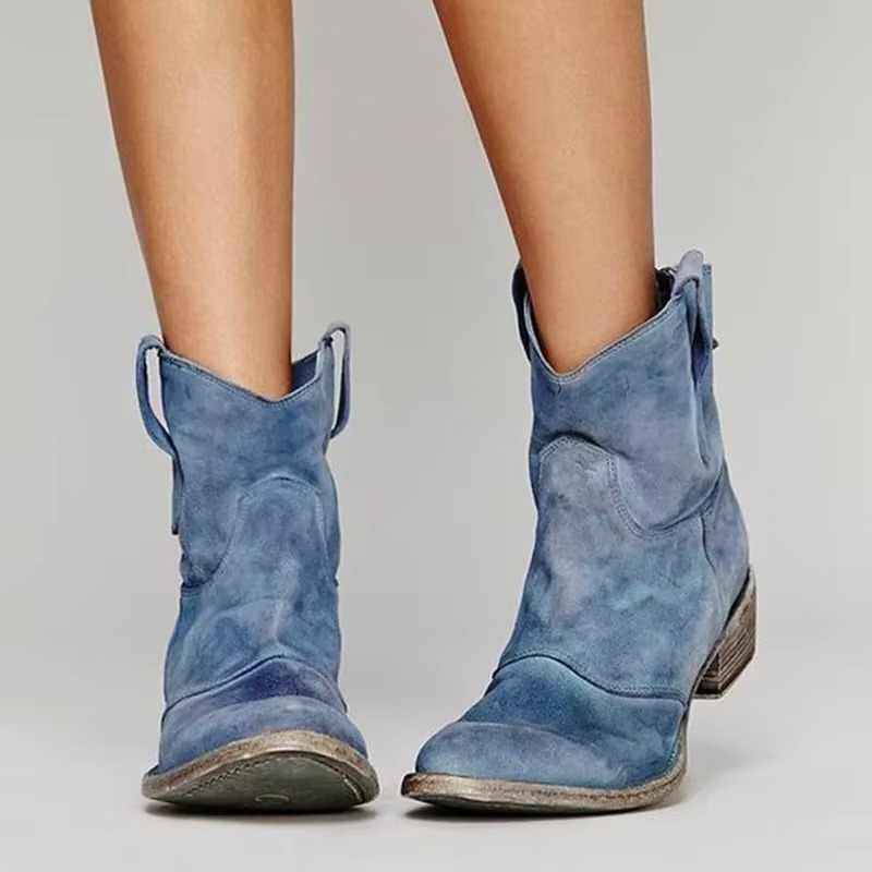 Pointed Toe Western Slip-On Ankle Boots with Low Heel and Synthetic Leather