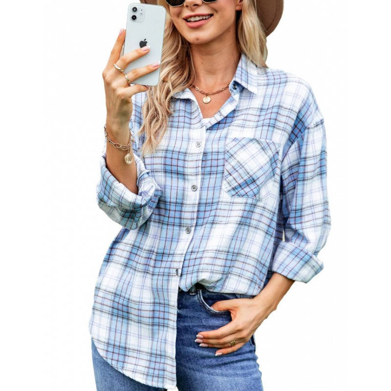 Women's Flannel Plaid Shirt, Soft Button Down Shirt, Roll Up Long Sleeve Flannel Plaid Blouse for Women