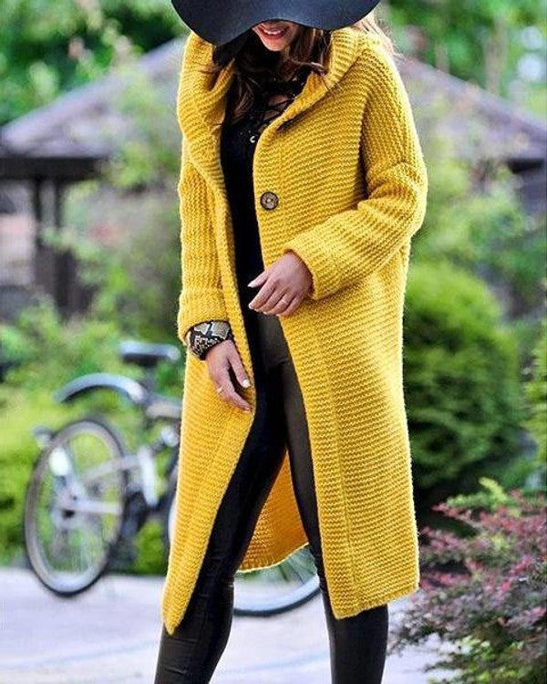Womens Long Hooded Knit Cardigan with Open Front and Long Sleeves