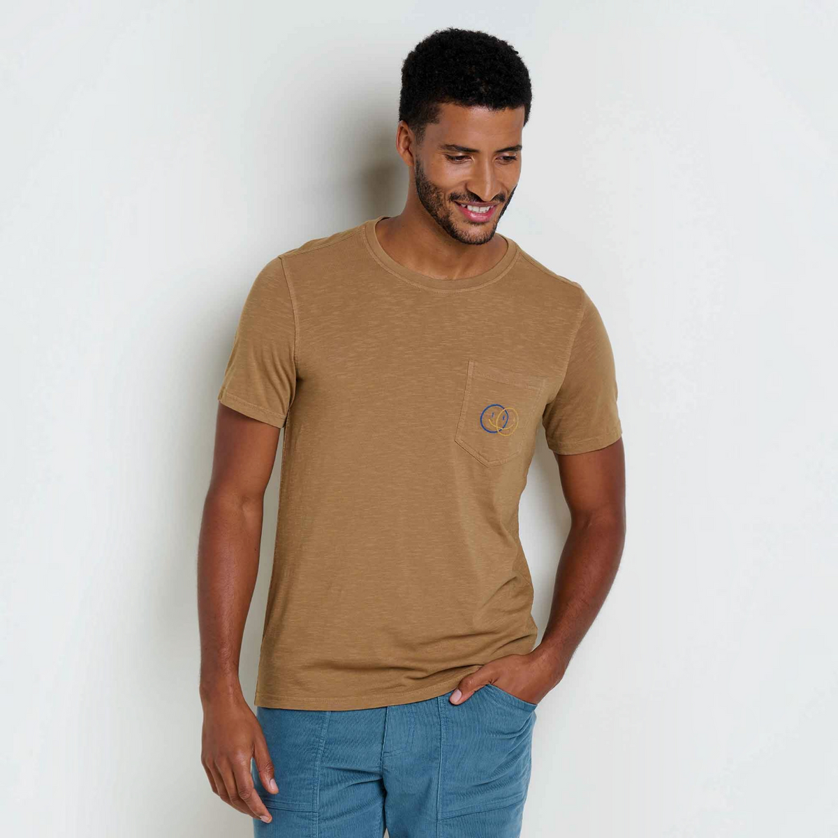 Mens Embroidered Crew T-Shirt Garment-Dyed, Soft Cotton