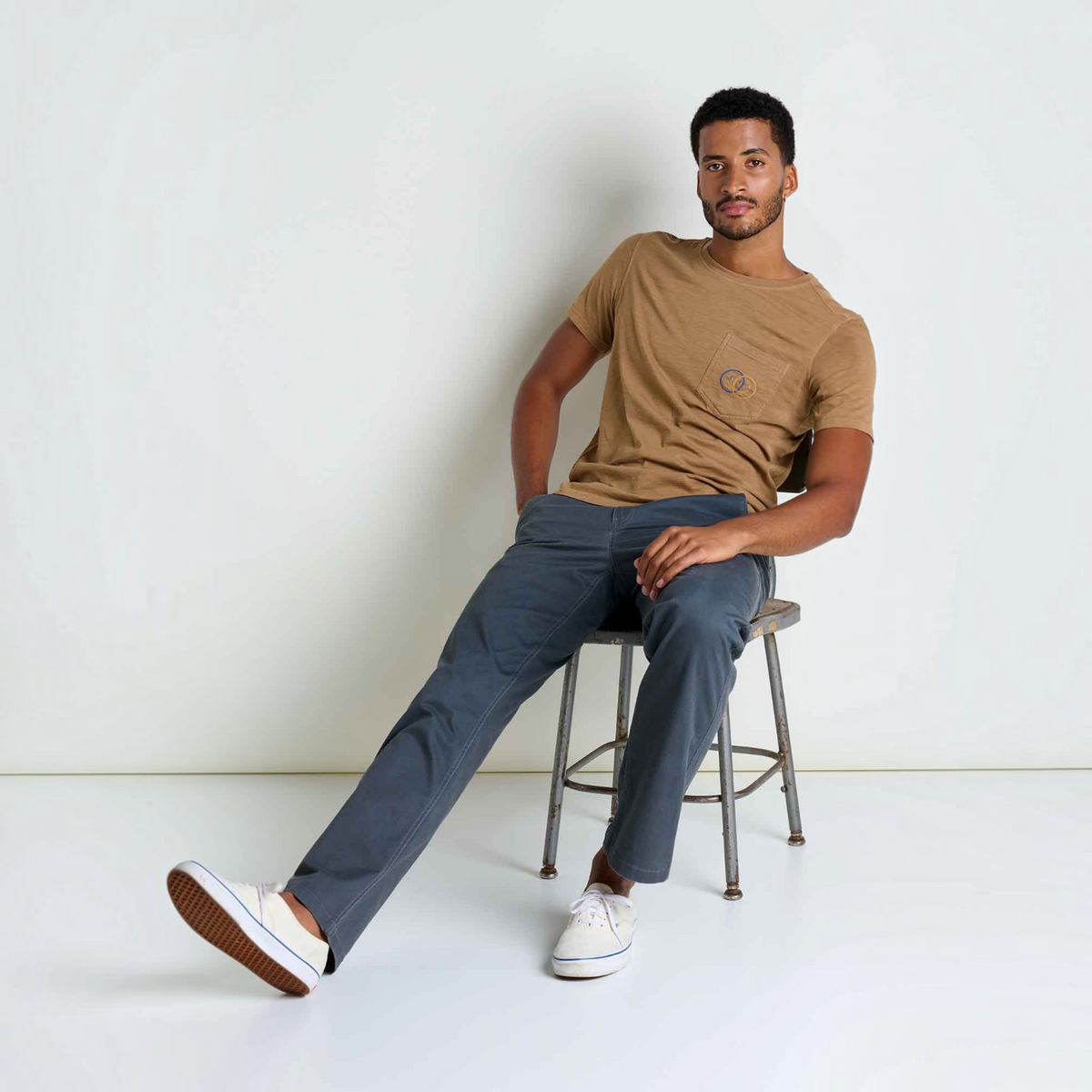 Mens Embroidered Crew T-Shirt Garment-Dyed, Soft Cotton