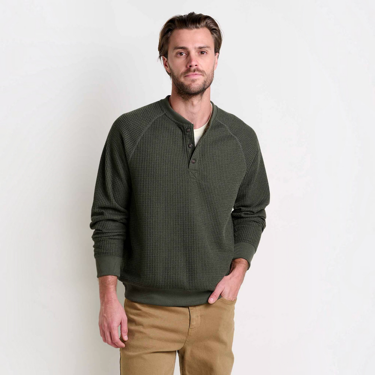 Mens Midweight Henley Shirt Waffle Knit, Breathable