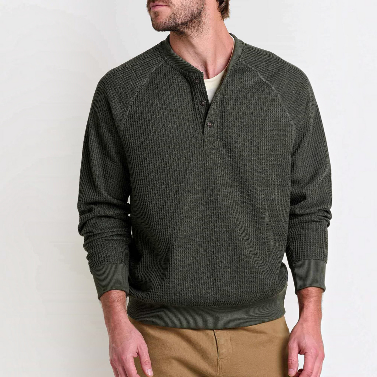 Mens Midweight Henley Shirt Waffle Knit, Breathable