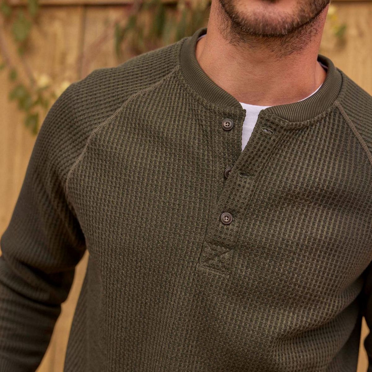 Mens Midweight Henley Shirt Waffle Knit, Breathable
