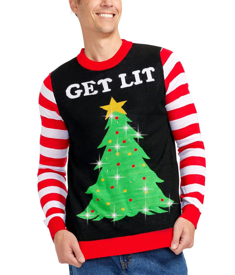 Light Up Christmas Sweater for Men with Battery Powered Tree and Candy Cane Stripes