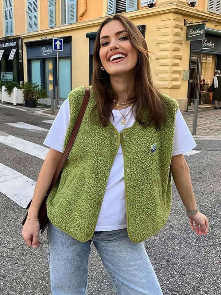 Open Front Textured Vest with Snap Closure, Relaxed Fit