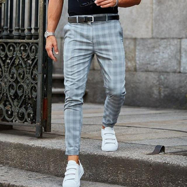 Checked Pattern Pants with Elastic Waist and Side Pockets, Polyester Cotton Blend