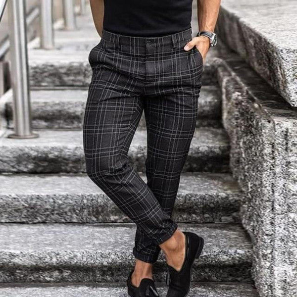 Checked Pattern Pants with Elastic Waist and Side Pockets, Polyester Cotton Blend
