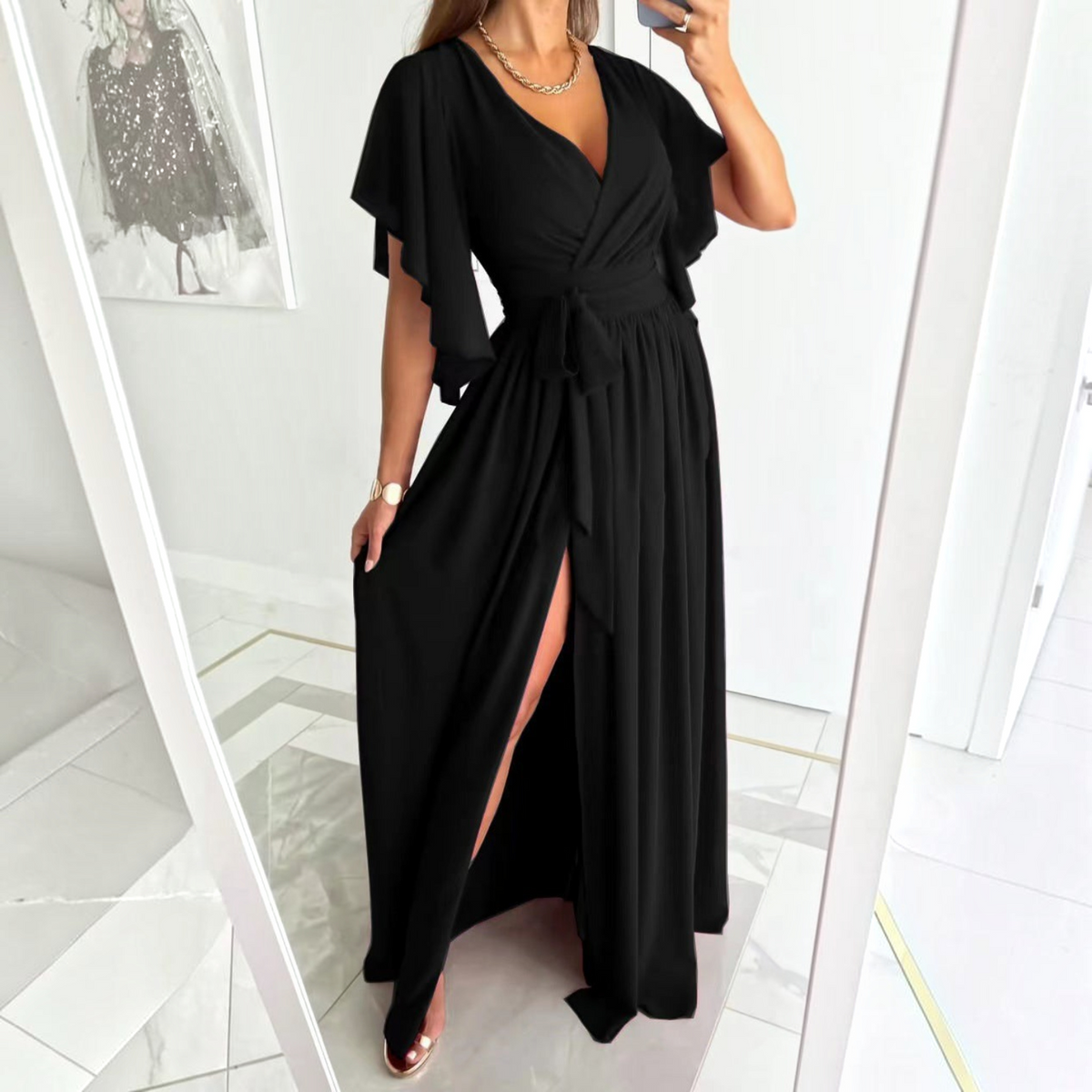 Wrap Maxi Dress with Flutter Sleeves for Bridesmaid and Formal Events
