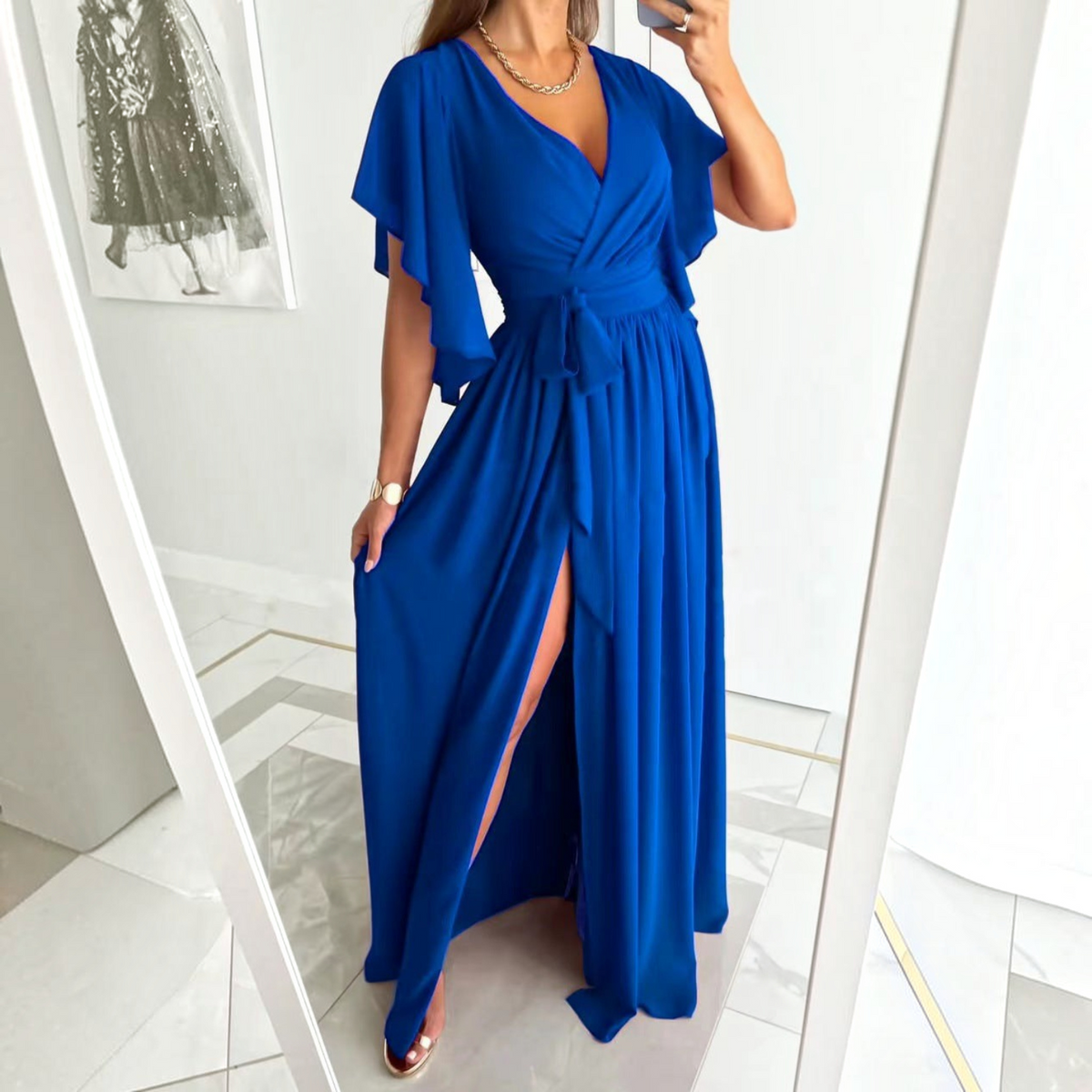 Wrap Maxi Dress with Flutter Sleeves for Bridesmaid and Formal Events