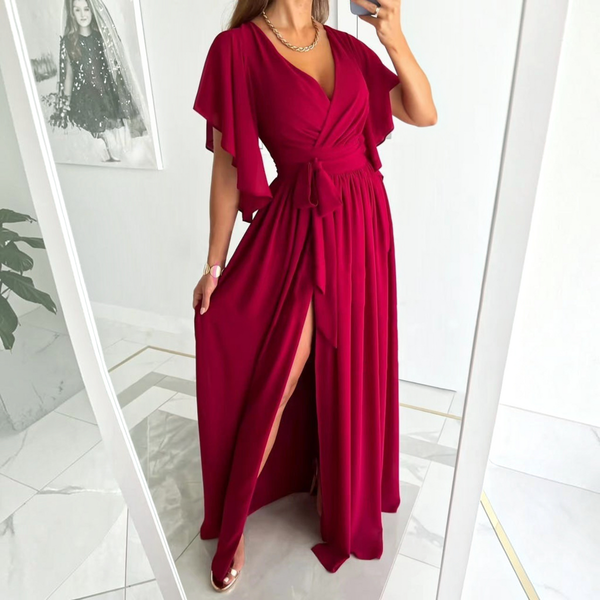 Wrap Maxi Dress with Flutter Sleeves for Bridesmaid and Formal Events