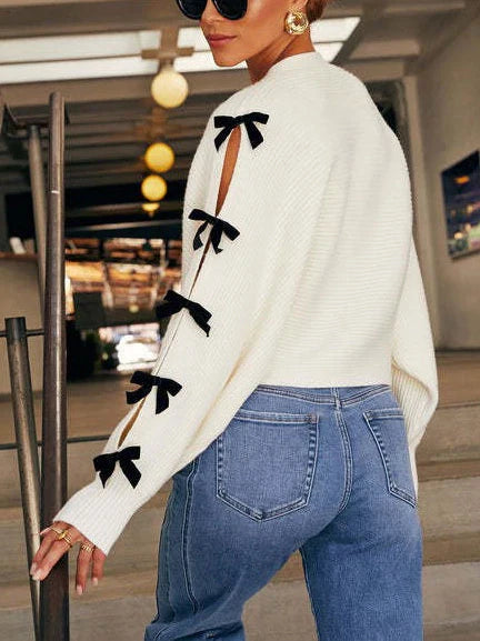 Women's Knit Cardigan with Bow Sleeve Accents, Relaxed Fit