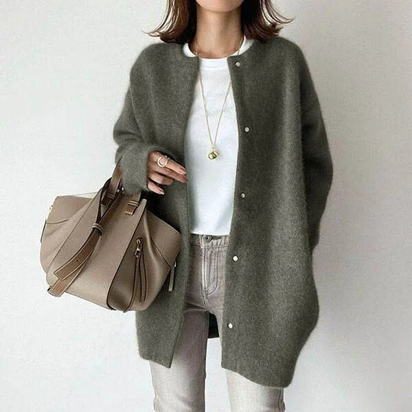 Longline Oversized Knit Cardigan with Button Closure and Textured Fabric