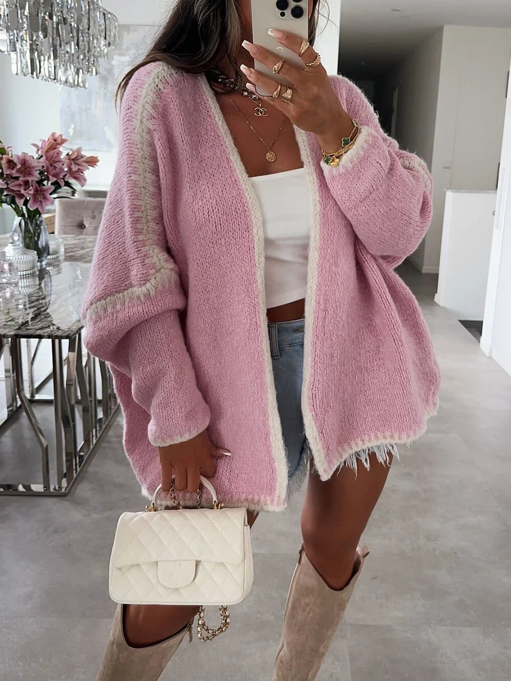 Oversized Open Front Knit Cardigan for Women with Textured Fabric and Relaxed Drape