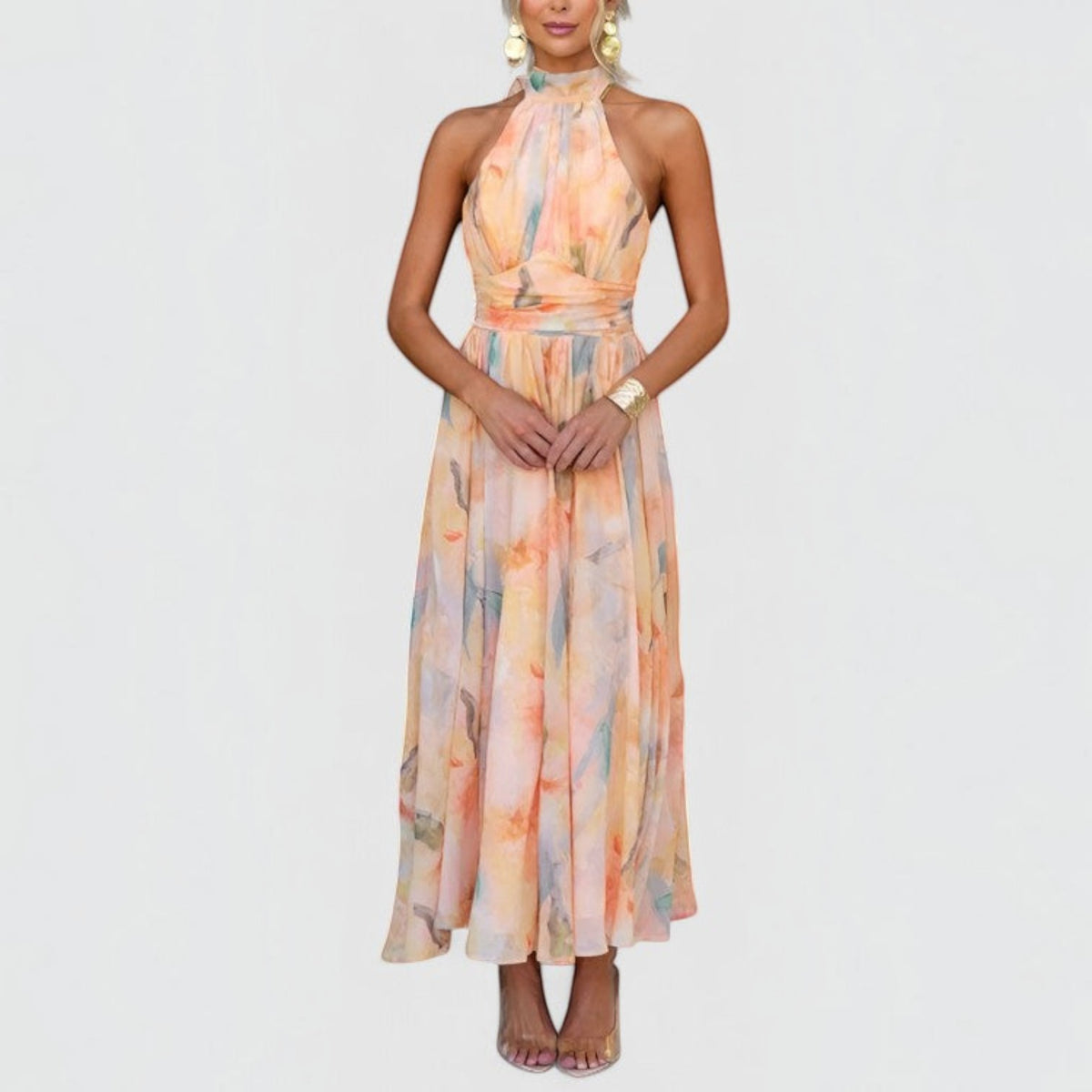 Floral Halter Maxi Dress for Women with Full Length Skirt and Summer Weight Fabric