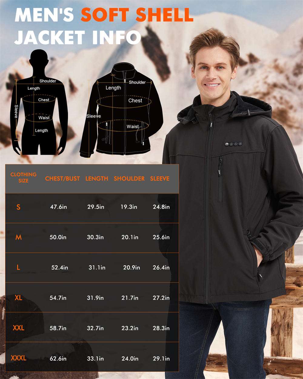 Size chart of heated jacket for men