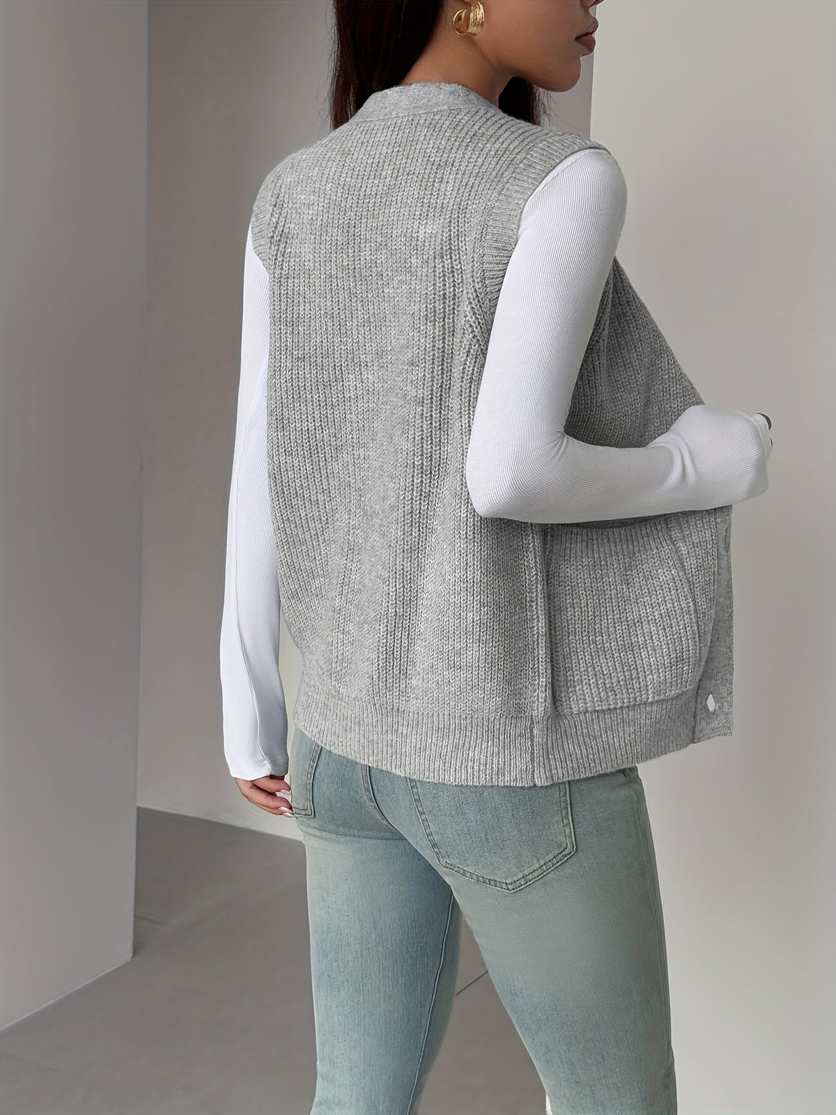 Buttoned V-Neck Knit Vest with Front Pockets and Relaxed Fit