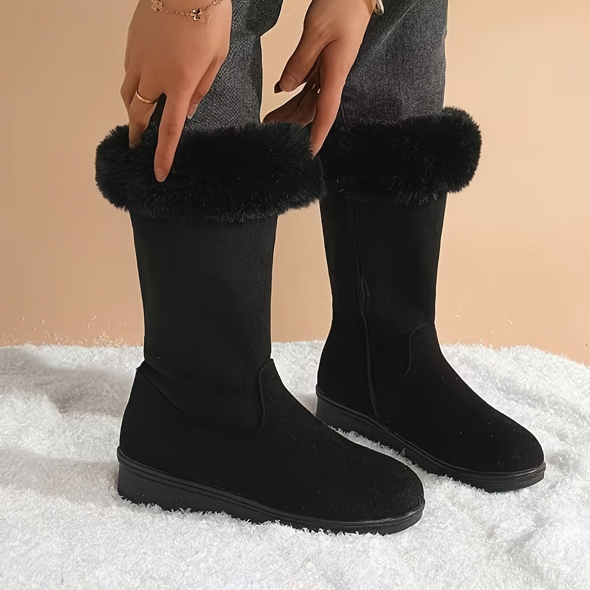 Mid Calf Winter Boots with Anti Slip Sole and Plush Lining, Slip On