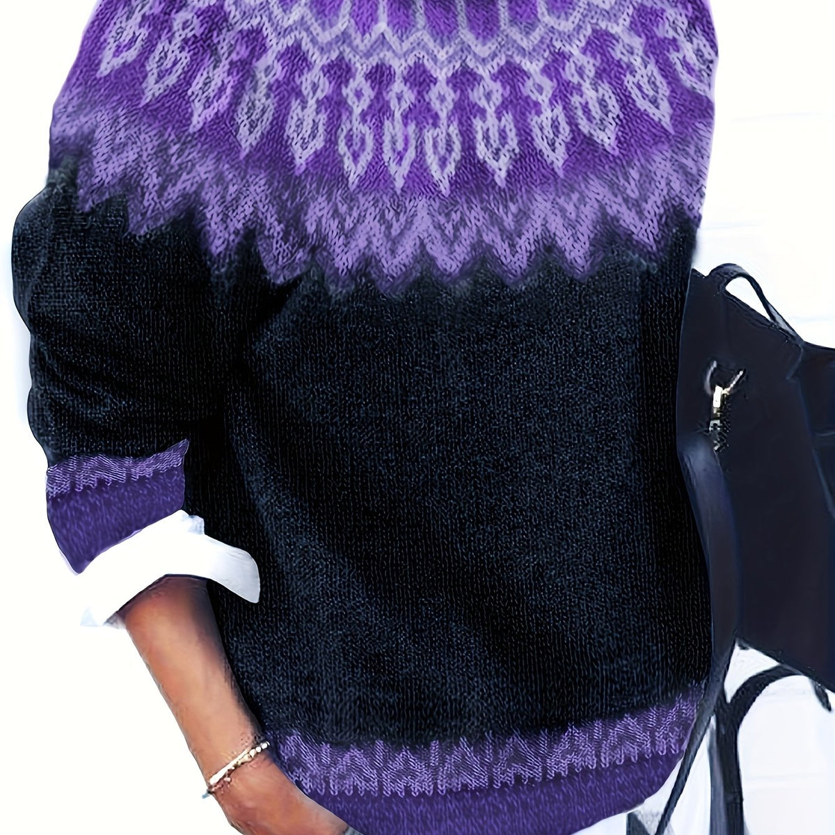 Chunky Jacquard Knit Sweater with Round Neck and Ribbed Cuffs, Hip Length